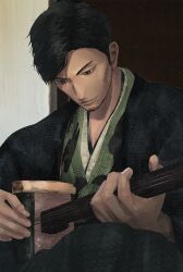 1boy black_eyes black_hair closed_mouth facial_hair goatee highres instrument japanese_clothes light_particles looking_down male_focus music playing_instrument rise_of_the_ronin sideburns solo takasugi_shinsaku_(rise_of_the_ronin) upper_body wide_sleeves yorunue_ro