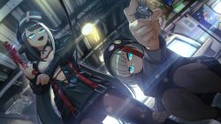 2girls admiral_graf_spee_(azur_lane) arcade_cabinet azur_lane baseball_cap beanie casual deutschland_(azur_lane) hat highres jacket long_hair multicolored_hair multiple_girls open_clothes open_jacket pantyhose red_hair seigetsu_kotaku short_hair streaked_hair toy_gun white_hair yen