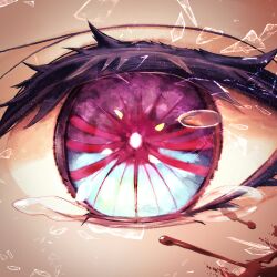 1girl absurdres aoi_(ayakaze_aoi) blood broken_glass commentary eye_focus flower glass grey_eyes hashtag-only_commentary highres looking_at_viewer multicolored_eyes phrolova_(wuthering_waves) pink_eyes red_pupils solo spider_lily two-tone_eyes wuthering_waves