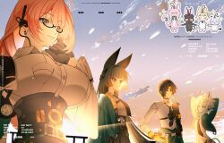 1boy 3girls absurdres animal_ears armor asaba_harumasa black_gloves black_hair black_necktie blue_oni blue_skin breasts cat collared_shirt colored_skin earrings fox_ears fox_girl gloves hair_between_horns hand_on_own_hip headband high-waist_skirt highres hoshimi_miyabi hourglass_earrings jewelry large_breasts multiple_girls naru9 necktie oni outdoors pink_eyes pink_hair red_eyes shirt short_hair shoulder_armor skirt smile soukaku_(zenless_zone_zero) tsukishiro_yanagi upper_body white_hair white_shirt yellow_eyes yellow_headband zenless_zone_zero