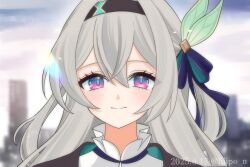 1girl absurdres blue_pupils blue_ribbon blush brown_hairband brown_jacket cityscape closed_mouth collared_shirt dated firefly_(honkai:_star_rail) gradient_eyes grey_hair hair_between_eyes hair_intakes hair_ornament hair_ribbon hairband highres honkai:_star_rail honkai_(series) jacket lilipon looking_at_viewer multicolored_eyes ribbon shirt smile solo twitter_username two-tone_eyes white_shirt