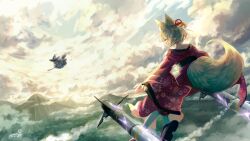 Rule 34 | 2girls, animal ear fluff, animal ears, apron, blonde hair, bow, braid, broom, broom riding, cloud, commentary request, commission, fighting, floating, floral print, fox ears, fox girl, fox tail, hat, highres, japanese clothes, kimono, kirisame marisa, long sleeves, missile, mountainous horizon, multiple girls, original, outdoors, print kimono, red kimono, sandals, sasami (shiroi fuwafuwa), short hair, short sleeves, star (symbol), tail, touhou, waist apron, white apron, white bow, wide sleeves, witch hat