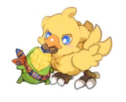 1boy 1other alpha_(ff14) beak bird biting blue_eyes bright_pupils chocobo claws corn final_fantasy final_fantasy_xiv full_body kmitty no_humans scarf simple_background the_cornservant two-tone_scarf white_background white_pupils