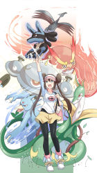 1girl brown_hair darmanitan darmanitan_(standard) double_bun gen_1_pokemon gen_2_pokemon gen_4_pokemon gen_5_pokemon golduck hair_bun highres hyakuen_raitaa long_hair lucario magnezone nintendo pantyhose pokemon pokemon_(creature) pokemon_bw2 rosa_(pokemon) serperior skarmory twintails visor_cap