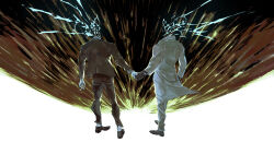 2boys absurdres black_gloves black_shoes cigarette coat commentary_request formal_clothes gloves hal_emmerich headless highres holding holding_cigarette holding_hands linka_guo male_focus metal_gear_(series) metal_gear_solid_4:_guns_of_the_patriots multiple_boys shoes solid_snake suit white_coat