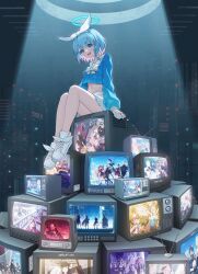 Rule 34 | 1girl, absurdres, arona (blue archive), blue archive, blue eyes, blue hair, blue halo, blue shirt, bow hairband, braid, choker, colored inner hair, dead 10001, hairband, halo, highres, looking at viewer, midriff, monitor, multicolored hair, navel, neckerchief, open mouth, sailor collar, shirt, shoes, short hair, single braid, sitting, skirt, smile, solo, television, white choker, white hairband, white neckerchief, white sailor collar, white shoes, white skirt