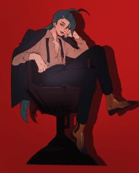 1girl ahoge black_nails black_necktie black_pants breasts bright_pupils brown_shoes chair collared_shirt commentary drop_shadow earrings eyebrow_cut green_hair hand_up head_rest highres jacket jacket_on_shoulders jewelry long_hair mei_(manjunii) nail_polish necktie nintendo pants partially_unbuttoned pokemon pokemon_sv ponytail red_eyes rika_(pokemon) shirt shoes sideboob sitting smile solo symbol-only_commentary undone_necktie