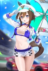 1girl absurdres alternate_costume animal_ears arm_up artist_name blue_choker blue_eyes blurry blurry_background breasts brown_hair checkered_clothes checkered_skirt cheval_grand_(umamusume) choker cleavage commentary confetti crop_top ears_through_headwear gloves hat highleg highres holding holding_umbrella horse_ears horse_girl horse_tail jacket large_breasts looking_at_viewer midriff multicolored_hair navel open_mouth peaked_cap race_queen revision short_hair skirt solo stomach streaked_hair symbol-only_commentary tail thighs translucent ugohato umamusume umbrella upper_body white_gloves white_hair white_hat white_jacket