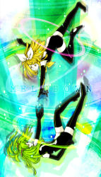 black_thighhighs blonde_hair boots dress elbow_gloves gloves green_eyes green_hair hair_ornament hair_ribbon hairclip hatsune_miku hatsune_miku_(roshin_yuukai/nitamagomix) kagamine_rin long_hair meltdown nanarinca ribbon roshin_yuukai_(vocaloid) sailor_dress thigh_boots thighhighs twintails vocaloid yellow_eyes zettai_ryouiki