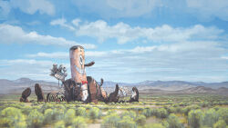 abandoned bow bowtie dilapidated highres long_nose mascot mountainous_horizon no_humans official_art ok_sign simon_stalenhag smile the_electric_state tuxedo waiter