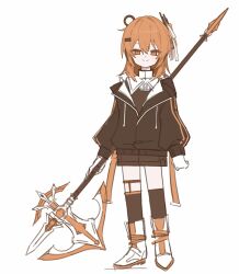 1girl a.i._voice adachi_rei alternate_costume axe battle_axe black_jacket black_socks boots full_body highres holding holding_weapon jacket kneehighs kuuurusuke legwear_garter long_sleeves medium_hair orange_eyes orange_hair simple_background socks solo standing utau weapon white_background white_boots