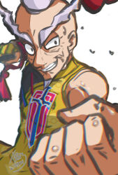 1boy black_eyes clenched_hands commentary_request facial_hair fighting_stance gloves goatee grey_hair grin half-closed_eye highres long_eyebrows male_focus mustard_(pokemon) nintendo old old_man partially_fingerless_gloves pokemon pokemon_swsh sasami_642 shirt signature single_glove sleeveless sleeveless_shirt smile solo sweat teeth yellow_gloves yellow_shirt