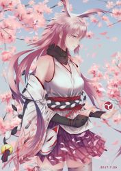1girl 2017 absurdres animal_ears bare_shoulders blue_sky branch cherry_blossoms closed_mouth eurai fox_ears fox_mask highres honkai_(series) honkai_impact_3rd japanese_clothes kimono looking_at_viewer mask miko outdoors pink_hair pink_skirt purple_eyes skirt sky solo thighhighs white_kimono white_thighhighs yae_sakura yae_sakura_(gyakushinn_miko)
