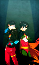 2boys back-to-back batman_(series) belt black_gloves blue_eyes bodysuit cape crossed_arms dc_comics domino_mask gauntlets gloves hand_on_own_hip jacket kon-el leather leather_jacket male_focus mask multiple_boys robin_(dc) standing superboy superman_(series) tim_drake young_justice