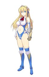 1girl amy_click blonde_hair blue_footwear blue_leotard breasts clothing_cutout elbow_gloves elbow_pads frills full_body gauntlets gloves himukai_kyousuke leotard medium_breasts navel_cutout official_art ring_dream second-party_source simple_background single_gauntlet solo veil white_background wrestling_boots wrestling_outfit