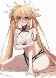 1girl 710_ao ahoge artoria_caster_(fate) artoria_caster_(swimsuit_berserker)_(fate) artoria_caster_(swimsuit_berserker)_(first_ascension)_(fate) artoria_pendragon_(fate) bikini blonde_hair blush breasts fate/grand_order fate_(series) green_eyes highres long_hair looking_at_viewer small_breasts solo swimsuit twintails white_bikini