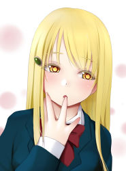 1girl :o absurdres blonde_hair blue_jacket blush bow bowtie finger_to_mouth hair_ornament hairclip head_tilt hidaka_koharu high_score_girl highres jacket kozue_akari long_hair long_sleeves looking_to_the_side parted_lips pink_background red_bow red_bowtie school_uniform solo upper_body yellow_eyes