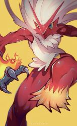 blaziken blonde_hair blue_eyes claws colored_sclera fire full_body furry gen_3_pokemon ibuo_(ibukht1015) nintendo pokemon pokemon_(creature) solo yellow_background yellow_sclera