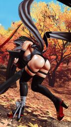1girl 3d apron ass black_hair black_leotard breasts butt_crack butterfly_swords curvy forest highleg highleg_leotard highres holding holding_weapon huge_ass iroha_(samurai_spirits) large_breasts leotard maid maid_headdress nature ryona samurai_spirits screencap shiny_skin short_hair sideboob skindentation solo thighhighs third-party_edit thong_leotard weapon white_apron wide_hips