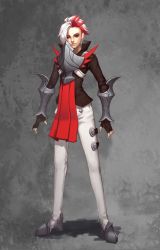 Rule 34 | 1boy, armor, black gloves, closed mouth, fingerless gloves, gloves, male focus, multicolored hair, neko sheep, pixiv fantasia, pixiv fantasia t, red eyes, red hair, smile, solo, vambraces, white hair, white legwear