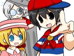 Rule 34 | 1girl, 2boys, ana (mother), baseball cap, black hair, blonde hair, blue eyes, dress, from side, glasses, hat, lastworry111, lloyd (mother), mother (series), mother 1, multiple boys, ninten, nintendo, parody, pink dress, ribbon, shirt, short hair, short twintails, smile, striped clothes, striped shirt, triple baka (vocaloid), twintails