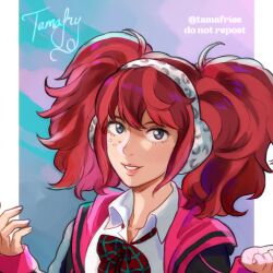 1girl animal_print bow earmuffs eyelashes face_jewel grey_eyes highres jacket kyokugen_dasshutsu kyokugen_dasshutsu:_9_jikan_9_nin_9_no_tobira leopard_print long_hair looking_at_viewer parted_lips pillarboxed plaid_bow portrait red_hair solo tamafry twintails yotsuba_(kyokugen_dasshutsu)