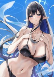 1girl alternate_costume bare_arms bare_shoulders bikini black_bikini black_hair blue_archive blue_eyes blue_hair breasts cleavage colored_inner_hair hands_on_own_chest highres large_breasts long_hair looking_at_viewer multicolored_hair navel nicky_w pointy_ears rin_(blue_archive) sidelocks stomach swimsuit two-tone_hair