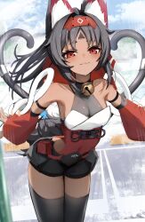 1girl absurdres animal_ear_fluff animal_ears black_hair black_thighhighs blush breasts cat_ears cat_girl cleavage closed_mouth commentary_request dark-skinned_female dark_skin hairband highres leaning_forward long_hair looking_at_viewer medium_breasts nekomiya_mana parted_bangs red_eyes red_hairband solo thighhighs thomas_8000 very_long_hair zenless_zone_zero