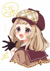 1girl :d black_gloves brown-framed_eyewear brown_capelet brown_hair brown_hat capelet commentary_request deerstalker eyewear_on_head from_side glasses gloves grey_eyes half_gloves hand_up harapeko_shoujo_to_tantei_to haruno_rikka hat highres looking_at_viewer looking_to_the_side open_mouth plaid_hat rino_cnc round_eyewear shirt short_eyebrows simple_background smile solo thick_eyebrows translation_request twitter_username white_background white_shirt