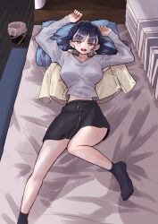 1girl absurdres arms_up black_skirt black_socks blush boku_no_kokoro_no_yabai_yatsu brown_eyes collarbone commentary_request couch foot_out_of_frame grey_sweater highres indoors long_hair looking_at_viewer lying m2bou mole mole_on_neck multiple_moles on_back on_couch open_mouth paid_reward_available skirt socks solo sweater thighs yamada_anna
