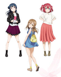 3girls aqua_eyes artbook backpack bag black_choker black_jacket blue_dress blue_hair boots brown_hair choker closed_mouth dress hair_bun hands_on_own_hips highres jacket kunikida_hanamaru kurosawa_ruby leather leather_jacket long_hair long_skirt long_sleeves looking_at_viewer looking_back love_live! love_live!_sunshine!! miniskirt multiple_girls non-web_source official_art one_eye_closed open_clothes open_jacket pink_skirt pleated_skirt print_shirt purple_skirt red_eyes red_hair red_skirt shirt simple_background skirt sleeveless sleeveless_dress smile socks standing sweater tsushima_yoshiko white_background white_shirt white_sweater yellow_eyes yellow_socks