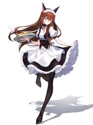 animal_ears blue_eyes cat_ears clothes_lift high_heels highres long_hair maid makise_kurisu pantyhose red_hair shirase_rin skirt skirt_lift steins;gate white_background