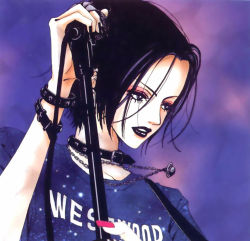 1girl black_eyes black_hair black_lips black_nails bracelet choker eyelashes eyeshadow female_focus jewelry lipstick makeup microphone nail_polish nana_(series) necklace official_art osaki_nana parted_lips purple_theme red_nails ring short_hair solo yazawa_ai