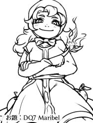 1girl apple beecon_(bee_niji) breasts character_name closed_mouth collarbone curly_hair dragon_quest dragon_quest_heroes dragon_quest_vii dress fire food fruit greyscale hood long_hair looking_at_viewer magic maribel_(dq7) monochrome simple_background smile solo white_background