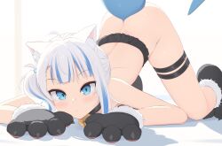 1girl animal_ears animal_hands bell blue_eyes blue_hair cat_ears fins fish_tail gawr_gura gloves highres hololive hololive_english looking_at_viewer multicolored_hair paw_gloves shark_girl shark_tail solo streaked_hair tail tenroy thigh_strap top-down_bottom-up virtual_youtuber