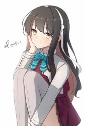 1girl aqua_bow aticsanir black_hair blazer bow bowtie breasts grey_thighhighs hair_down hairband highres jacket kantai_collection large_breasts long_hair looking_at_viewer multicolored_hair naganami_(kancolle) naganami_kai_ni_(kancolle) pink_hair school_uniform simple_background solo thighhighs twitter_username two-tone_hair wavy_hair white_background white_hairband yellow_eyes