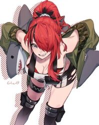 1girl 6tnut9 :d artist_name black_hair black_shorts black_thighhighs bra breasts camouflage camouflage_jacket cleavage collarbone commentary_request cropped_jacket green_jacket hair_ornament hair_over_one_eye high_ponytail holding holding_stuffed_toy jacket lain_paterson lain_paterson_(1st_costume) large_breasts leaning_forward long_hair long_sleeves looking_at_viewer multicolored_hair nijisanji off_shoulder one_eye_covered open_clothes open_jacket open_mouth parted_bangs ponytail pouch red_bra red_hair short_shorts shorts simple_background smile solo standing strapless streaked_hair stuffed_animal stuffed_shark stuffed_toy suspender_shorts suspenders swept_bangs teeth thigh_strap thighhighs torn_clothes torn_shorts tube_top underwear virtual_youtuber white_background white_tube_top