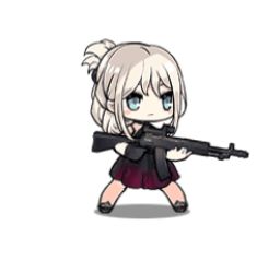 1girl alternate_hairstyle an-94 an-94_(girls&#039;_frontline) an-94_(silent_rouge)_(girls&#039;_frontline) animated animated_gif assault_rifle black_dress black_footwear blue_eyes blush blush_stickers closed_mouth crossed_legs curtsey dress expressionless female_focus folded_ponytail full_body girls&#039;_frontline gloves gradient_clothes gradient_dress gun hair_ornament halter_dress halterneck holding long_hair lowres official_alternate_costume official_art purple_dress rifle saru sidelocks silver_hair simple_background solo tossing weapon weapon_case white_background wristband