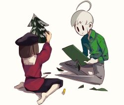 2boys ahoge belt beret black_belt black_eyes black_hat black_pants brown_hair buttons closed_mouth collared_shirt colored_pencil colored_pencils_(paper_mario) commentary_request crest crossed_ankles cutting dress_shirt facial_scar frown full_body green_shirt grey_pants hat high_collar highres holding holding_paper kneeling leg_blade long_sleeves male_focus mario_(series) medium_hair multiple_boys mumumu57hiro nintendo pants pantyhose paper paper_mario paper_mario:_the_origami_king pencil personification red_tunic scar scar_on_cheek scar_on_face scar_on_forehead scissors_(paper_mario) shirt short_hair simple_background sitting sleeve_cuffs solid_oval_eyes tree tunic wariza white_background white_hair white_pantyhose white_shirt