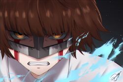 1girl angry black_background blood bloody_tears blue_fire blunt_bangs brown_hair clenched_teeth collared_shirt danmidgarll eye_mask fire gradient_background highres looking_at_viewer niijima_makoto persona persona_5 portrait shirt short_hair signature solo teeth upper_body white_shirt yellow_eyes
