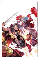 2girls armlet armored_boots asymmetrical_gloves belt black_gloves black_hair black_jacket black_pants blonde_hair blue_hair boots border brown_belt cape circlet cropped_jacket dc_comics fighting_stance gloves golden_armlet hammer harley_quinn highres holding holding_hammer holding_shield holding_sword holding_weapon jacket jewelry joe_madureira knee_pads long_hair multicolored_hair multiple_girls open_clothes open_jacket outside_border pants red_cape red_gloves red_hair red_pants shield short_twintails simple_background sword thigh_strap twintails two-tone_pants weapon white_background white_border wonder_woman