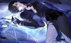 1boy absurdres ameinu black_hair black_pants feathers gloves green_eyes highres ice long_sleeves looking_at_viewer lying male_focus medalist_(manga) on_back pants shirt short_hair solo yodaka_jun