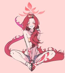 Rule 34 | 1girl, bare shoulders, bikini, bikini under shorts, blue archive, closed eyes, collarbone, commentary, denim, denim shorts, dragon girl, dragon horn, dragon tail, flip-flops, gohan (gohanchang), grin, hair ribbon, halo, halterneck, head tilt, highres, knees apart feet together, long hair, official alternate costume, red hair, renge (blue archive), renge (swimsuit) (blue archive), ribbon, sandals, shorts, simple background, sitting, smile, soles together, solo, swimsuit, tail, white ribbon, yellow ribbon