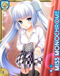 Rule 34 | 1girl, bikini, blue eyes, blunt bangs, card, character name, checker pattern, collarbone, curtains, day, girlfriend (kari), indoors, miss monochrome, miss monochrome (character), official art, open mouth, qp:flapper, school uniform, shirt, skirt, smile, solo, swimsuit, tagme, thighhighs, twintails, white footwear, white hair, white shirt