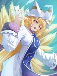 1girl blonde_hair commentary dress fox_girl fox_tail frilled_sleeves frills hat highres index_finger_raised kitsune looking_at_viewer multiple_tails nyarocks open_mouth orange_eyes short_hair slit_pupils solo tabard tail teeth touhou upper_teeth_only white_dress white_hat yakumo_ran