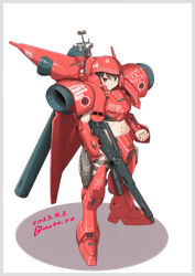 Rule 34 | 1girl, armor, black hair, brown eyes, cosplay, full body, gerbera tetra, gerbera tetra (cosplay), grin, gun, gundam, gundam 0083, kantai collection, mecha musume, midriff, miyuki (kancolle), moke ro, red armor, rifle, short hair, simple background, smile, solo, standing, weapon, white background