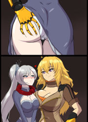 2girls 2koma ass blonde_hair blue_eyes blush breast_press breasts cleavage close-up comic flustered grabbing_another&#039;s_ass grey_hair groping hand_on_own_hip heart highres huge_ass large_breasts long_hair multiple_girls panties purple_eyes rwby side_ponytail smile underwear weiss_schnee white_panties yang_xiao_long yuri