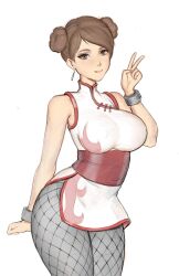 1girl arm_behind_back bracelet breasts brown_eyes chinese_clothes curvy double_bun earrings fishnet_pantyhose fishnets hair_bun highres jewelry large_breasts meekohopanes naruto_(series) pantyhose smile solo tenten_(naruto) tongue white_background