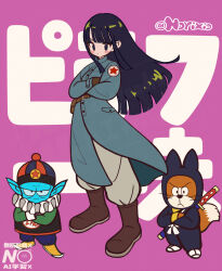 1girl 2boys aqua_coat black_eyes black_hair blue_pants blue_skin blunt_bangs blunt_ends boots brown_footwear brown_gloves coat colored_skin commentary_request crossed_arms dog_boy dragon_ball dragon_ball_(classic) floating_hair furry gloves hat katana long_hair mai_(dragon_ball) military_coat multiple_boys ninja norixio pants pilaf pink_background pointy_ears pointy_footwear purple_dougi shuu_(dragon_ball) star_(symbol) sword sword_on_back twitter_username weapon weapon_on_back wrinkled_skin