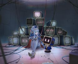 1girl 1other absurdres android aqua_eyes blue_hair cape closed_mouth commentary_request crt expressionless full_body genshin_impact hair_ornament hammer hat high_heels highres indoors ineffa_(genshin_impact) joints knees_up looking_at_another mechanical_arms mechanical_legs non-humanoid_robot pile robot robot_ears robot_girl robot_joints short_hair sitting user_hxvy5233 wire wrench
